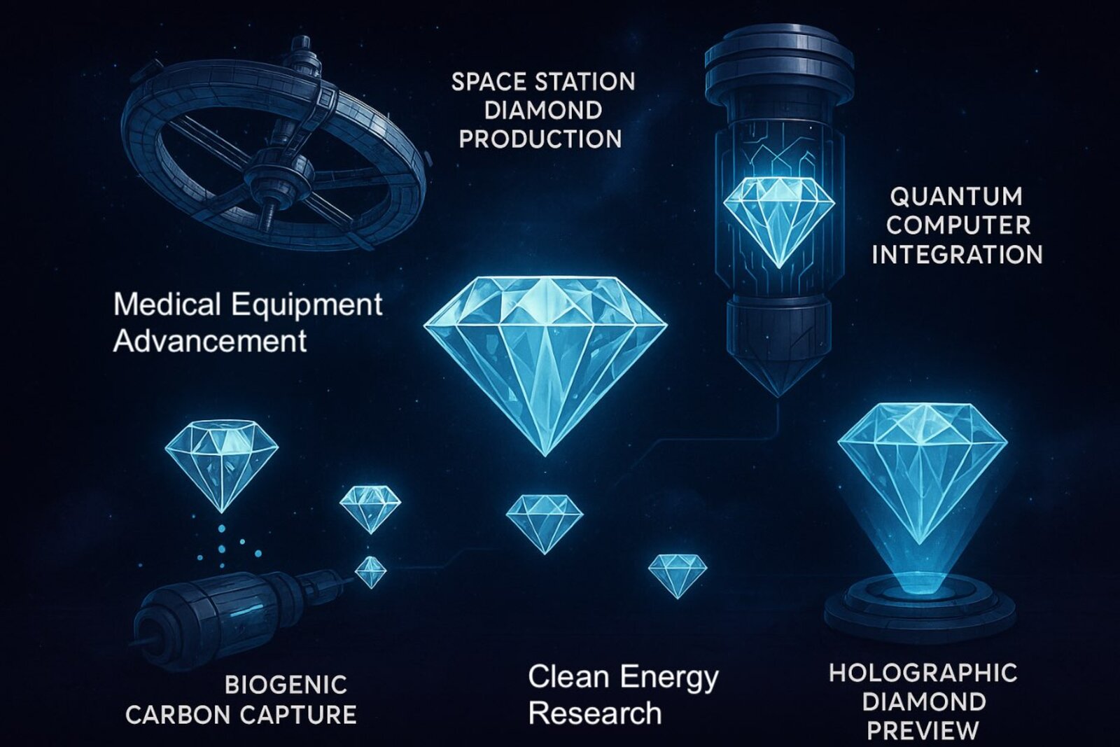 Concept art che mostra le future tecnologie di produzione del diamante, compresa la fabbricazione nello spazio