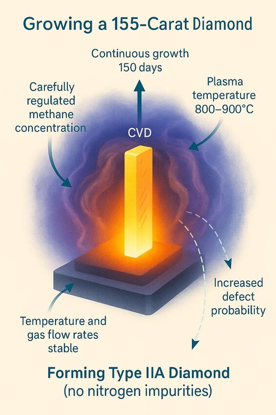Image: 155-Carat Record Diamond Growth Process - Visual timeline showing the 150-day CVD growth process with temperature and pressure controls