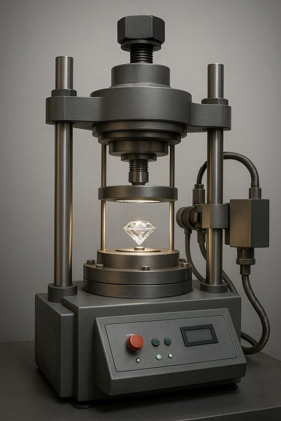 Image: HPHT Diamond Manufacturing Process Cross-Section - Complete belt press system showing pressure chambers, heating elements, and crystal growth environment