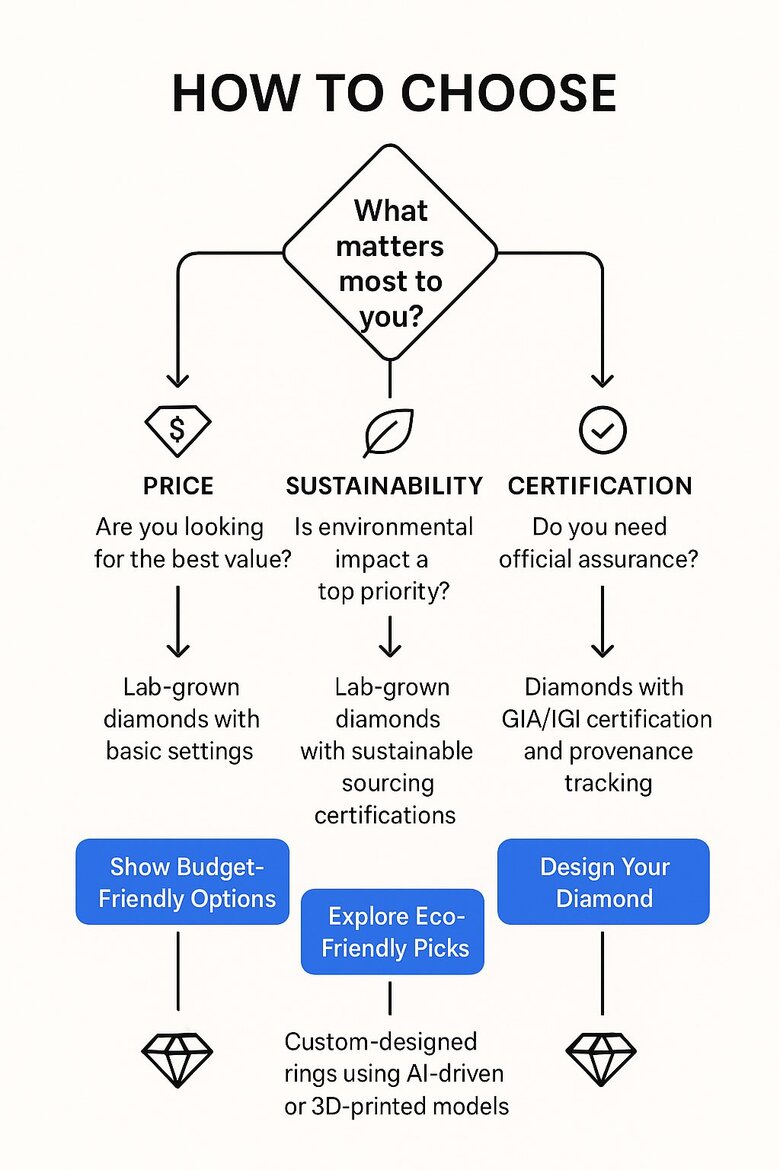Un diagramma di flusso interattivo che aiuta i consumatori a scegliere i diamanti tecnologici in base alle loro priorità
