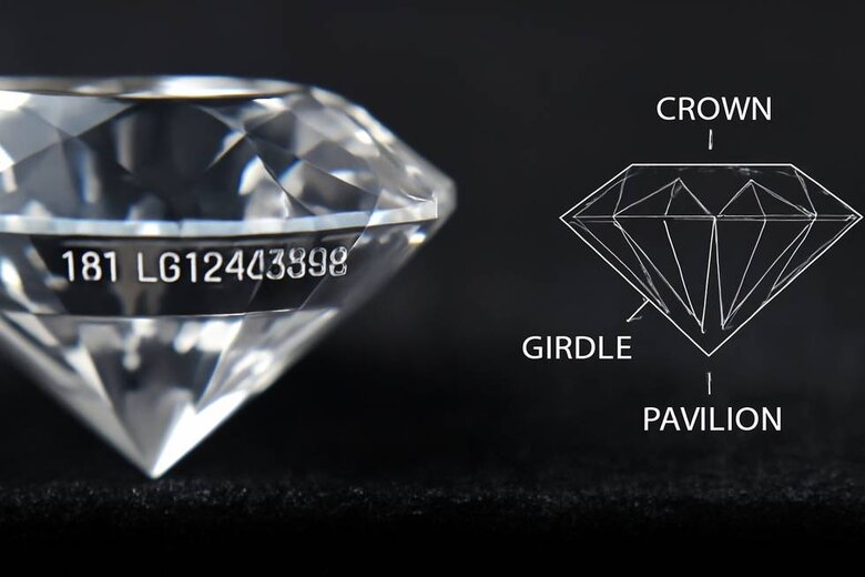Image: Laser Inscription Magnified View with Location Diagram - Macro photograph showing actual inscription on diamond girdle at 20x magnification alongside anatomical diagram labeling crown, girdle, and pavilion positions, demonstrating where to locate inscription and what verification looks like to educate buyers on authentication checking