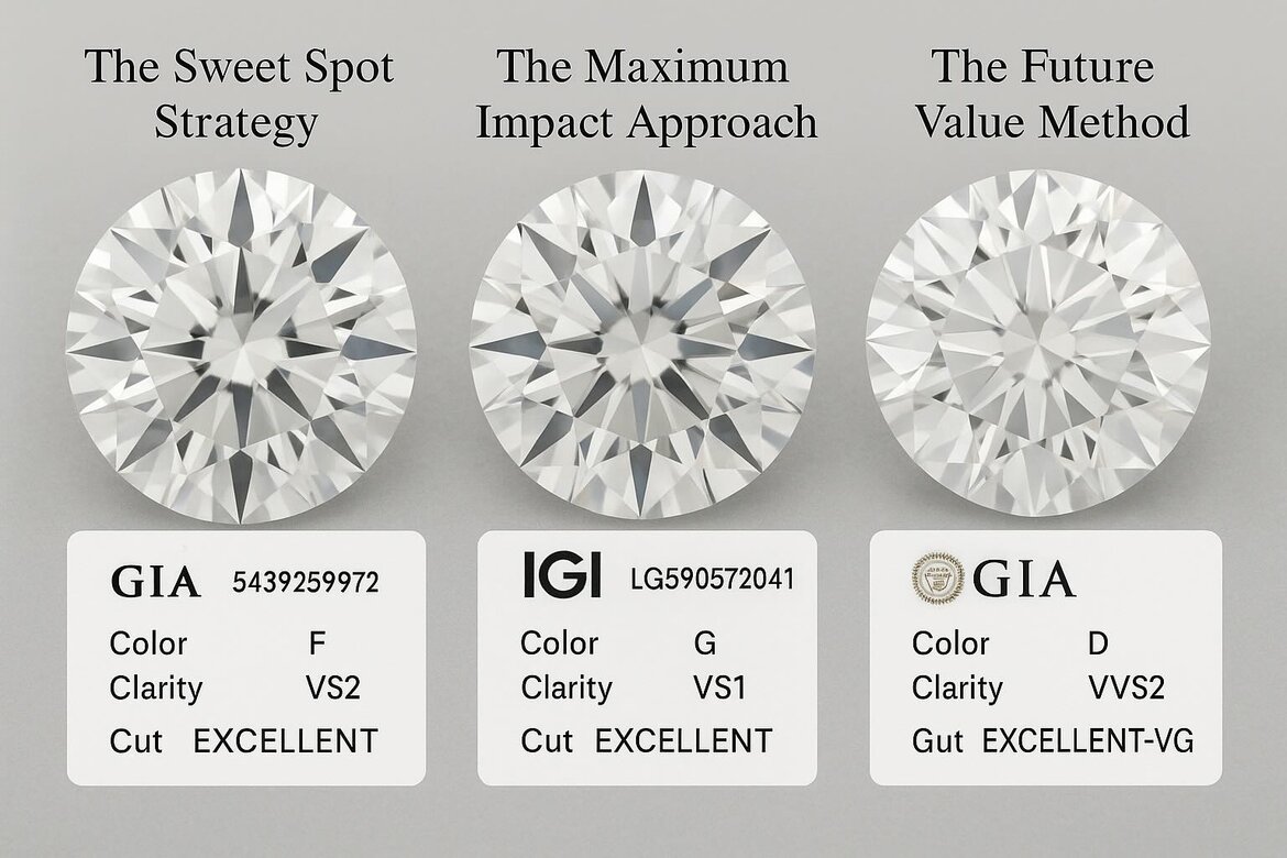 three different lab-grown diamonds representing each strategy, with certification details overlaid