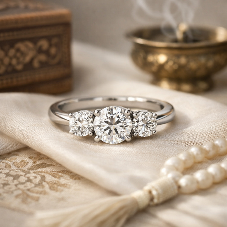 Cultural Symbolism Visualization - Illustrated icons showing six different cultural/personal interpretations of three-stone symbolism with elegant design connecting each meaning to the ring structure