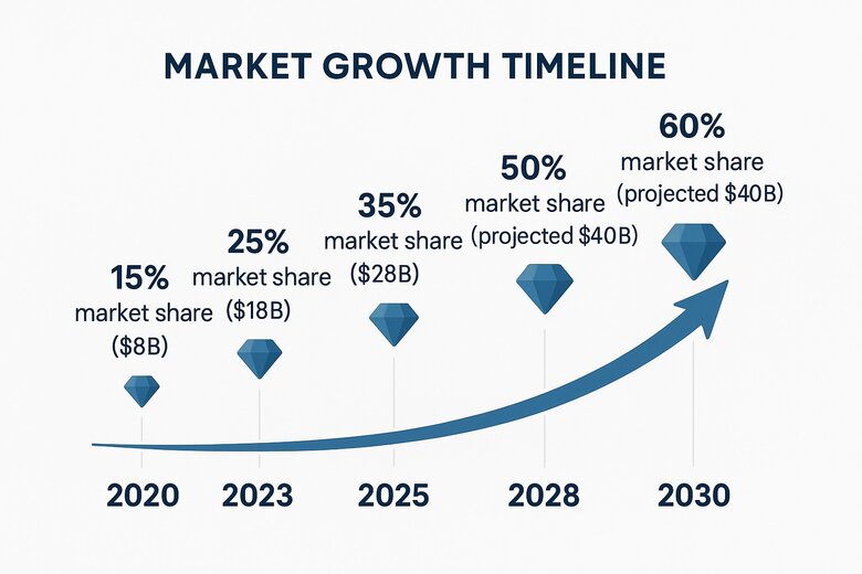 Infografica che mostra la crescita del mercato dei diamanti coltivati in laboratorio dal 2020 al 2030
