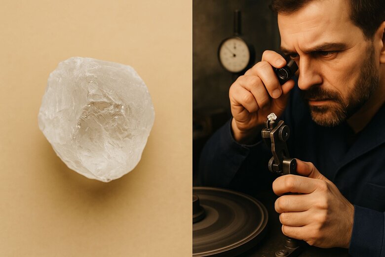 Image: Master Diamond Cutter Working on Lab Stone - Split-screen showing rough crystal transformation into brilliant-cut diamond with precision tools and measurement equipment - Demonstrates the skilled craftsmanship behind perfect lab diamond cutting