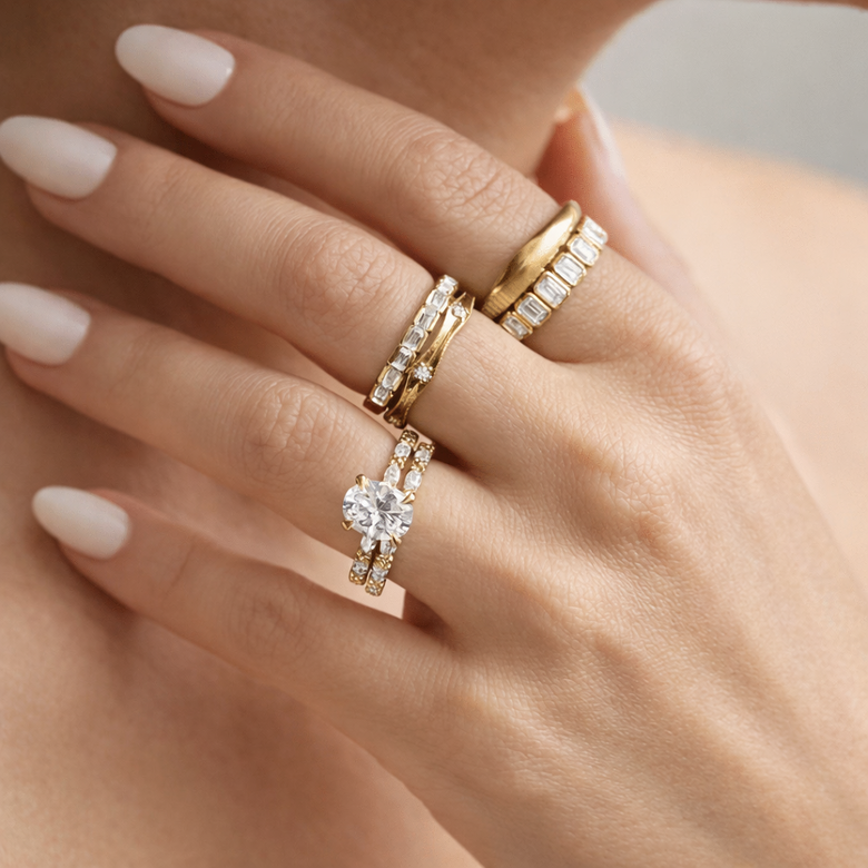 Lab-Grown Anniversary Diamond Ring Showcase - Side-by-side comparison of stunning three-stone, full eternity, and stackable band designs displaying various cuts and settings on model hands with pricing transparency