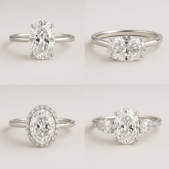 オーバル・ダイヤモンド・セッティング:ヘイロー、ノース・サウス、スリーストーン、ノース・サウス