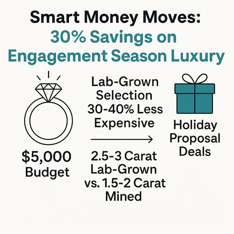 Image: Split-screen budget allocation infographic showing $5,000 engagement ring budget: left side shows 1.5-carat mined diamond with basic setting, right side shows 3-carat lab-grown diamond with premium setting plus leftover budget for wedding/honeymoon extras - Visualizes complete financial advantage