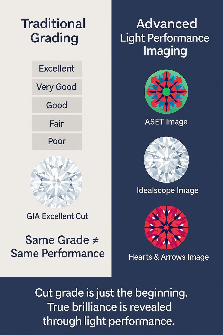 Image: ASET imaging comparison showing two diamonds with identical GIA grades but dramatically different light performance patterns - Reveals why buyers cannot rely solely on cut grades and need advanced imaging for accurate assessment