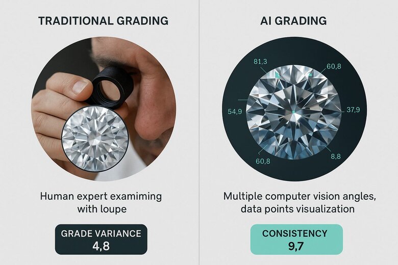 Confronto visivo tra i metodi di classificazione dei diamanti tradizionali e quelli dell'IA