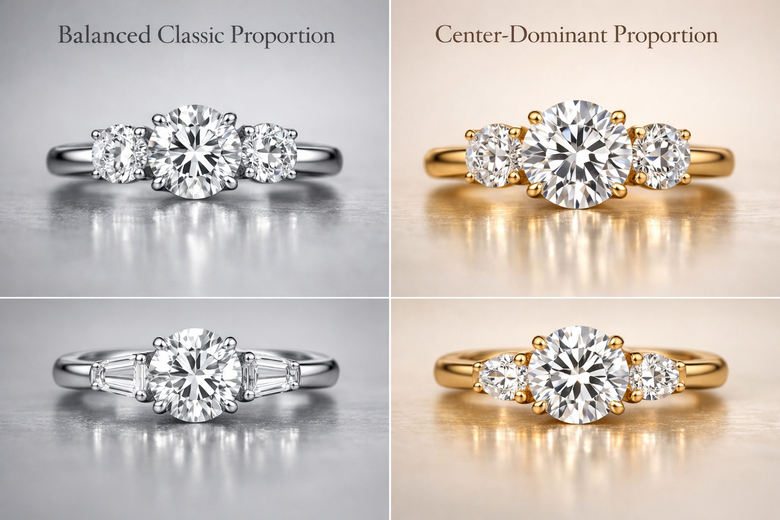 Three-Stone Proportion Visual Guide - Side-by-side photography showing three different carat weight ratios (3:1, 2:1, and 1.7:1) on same hand size to demonstrate visual impact of proportion choices on overall ring appearance