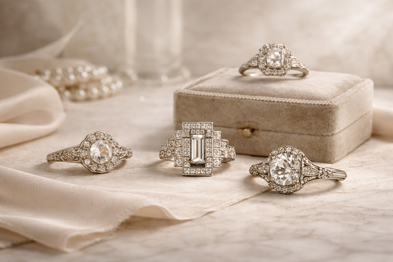 Gatsby Era Ring Collection Under $3000 - Showcase of 6-8 authentic 1920s style rings with price points and vintage design elements highlighted
