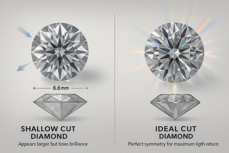 Image: Side-by-side comparison of 1-carat spread diamond vs ideal-cut diamond showing size difference and light performance - Reveals the visual size advantage and optical compromise buyers face when choosing shallow cuts