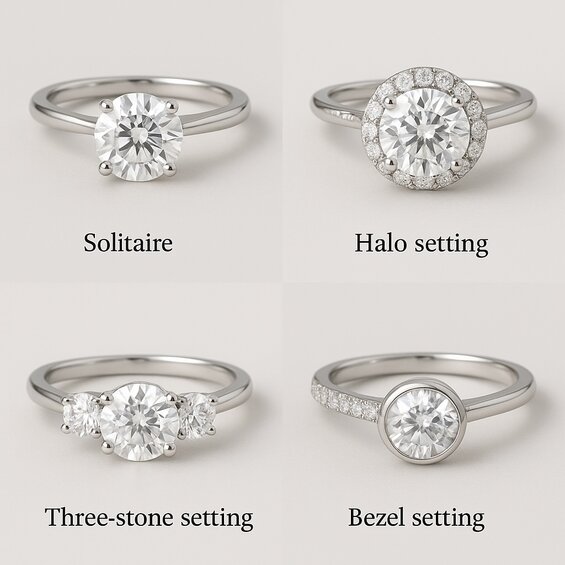 ラウンド・ダイヤモンド・セッティングソリティア, ヘイロー, スリーストーン, ベゼル