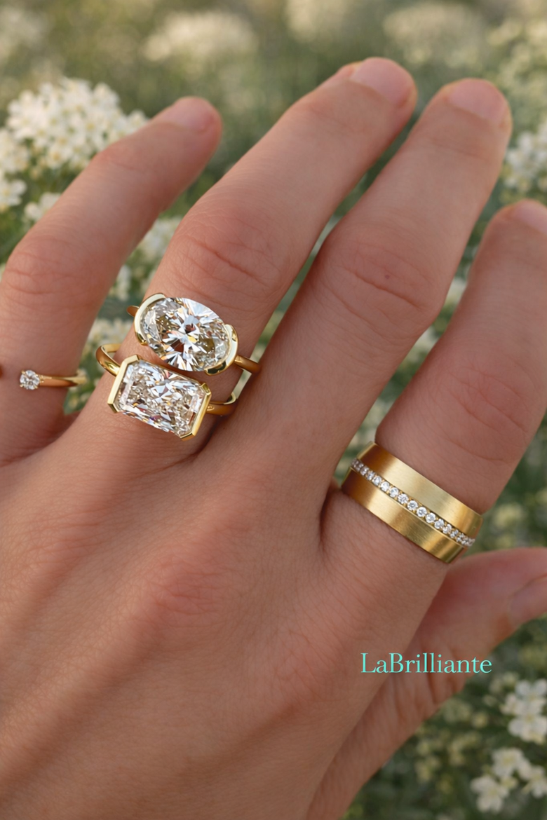 East-West vs Traditional Cushion Setting Side-by-Side Comparison - Visual demonstration of how orientation dramatically changes ring appearance and finger coverage