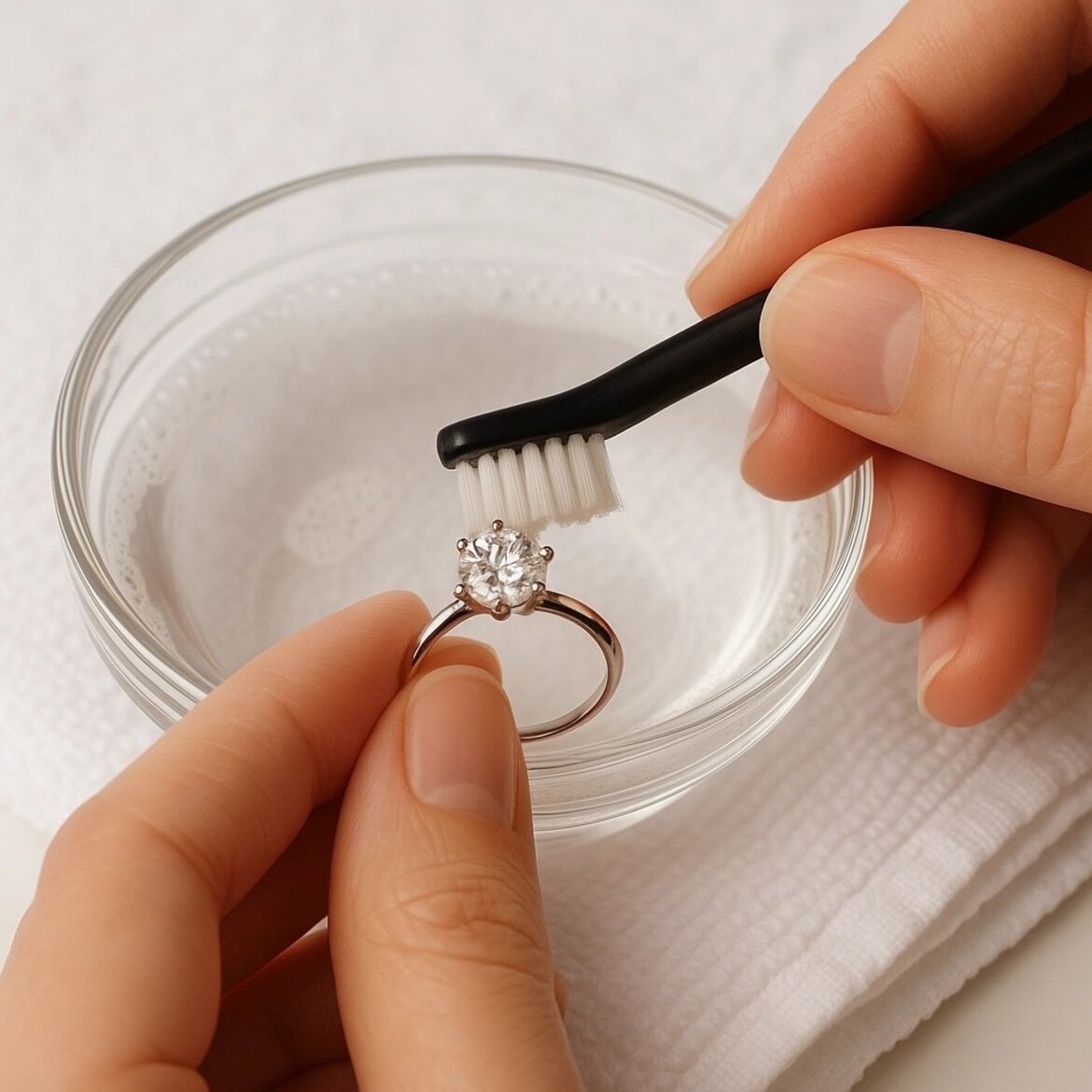 マイルドな石鹸と水を使い、定期的にダイヤモンドを洗浄する