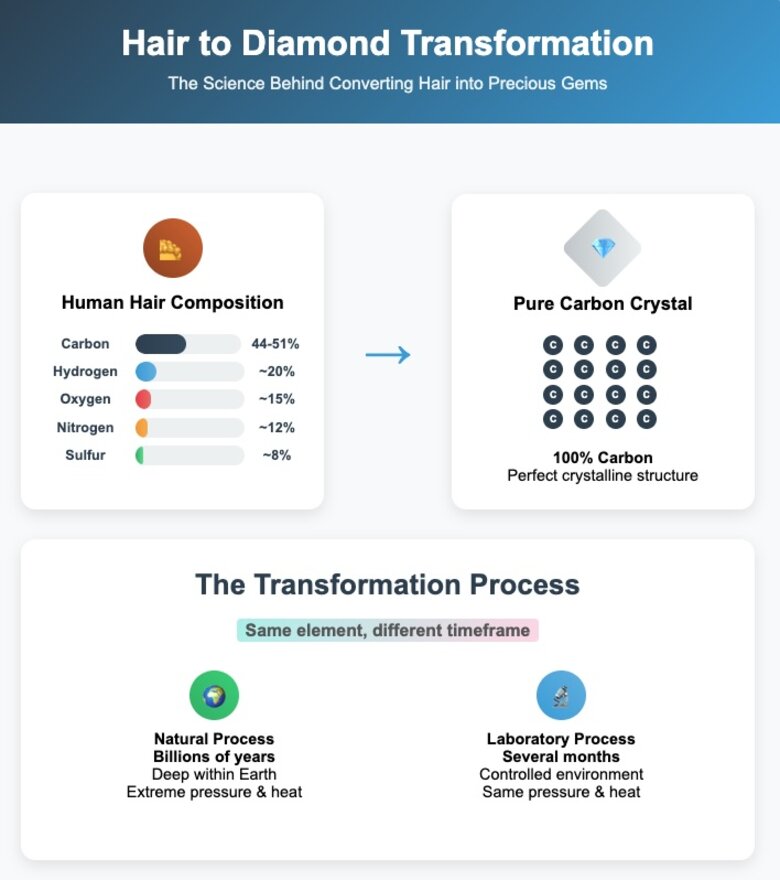  Una ripartizione visiva che mostra la composizione dei capelli che si trasformano in diamante