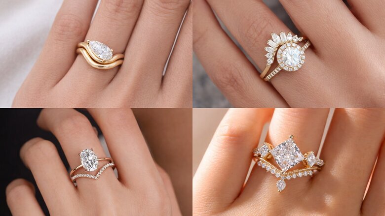 Curved Band Compatibility Guide by Diamond Shape - Visual flowchart showing which curved band styles work best with round, oval, pear, princess, and other diamond shapes, including recommended curve depths and angles