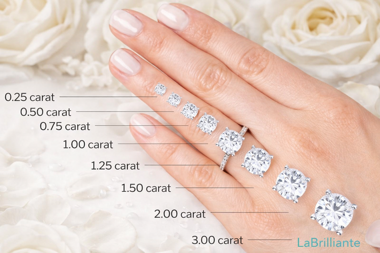 Side-by-Side Visual Comparison of 0.5ct Natural vs. 2.0ct Lab-Grown Round Diamond - Both rings photographed at identical angles showing dramatic size difference achievable at same $2,000 budget with quality specifications labeled on each stone - Proves budget allocation advantage visually