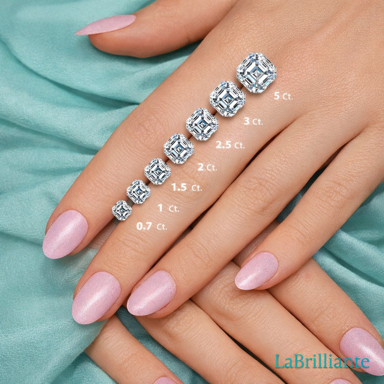Carat Weight Visual Size Comparison - Hand model wearing identical 1.5, 2.0, and 2.5-carat Asscher lab diamonds showing actual finger coverage and visual impact differences to guide size selection