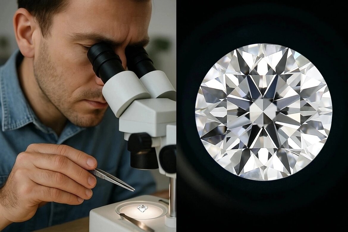 gemologist using a microscope to examine a lab-grown diamond