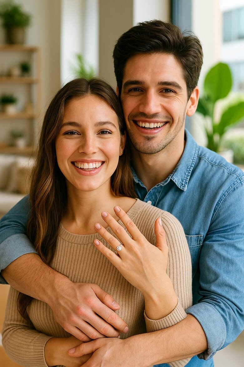Image: Millennial Couple Comparing Lab vs Mined Diamond Rings - Side-by-side visual showing identical sparkle and fire between lab and natural stones, with price tags highlighting significant savings and environmental impact icons