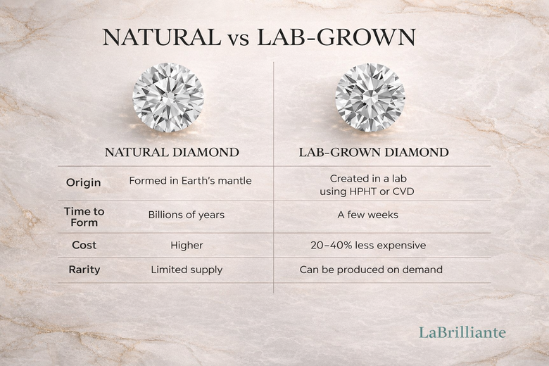 Split-Screen Comparison of 0.5ct Natural vs 2.0ct Lab-Grown Round Diamond Engagement Rings on Hand - Identical $2,000 budget showcasing dramatic size difference with quality specifications and savings percentage overlay - Proves immediate value proposition visually