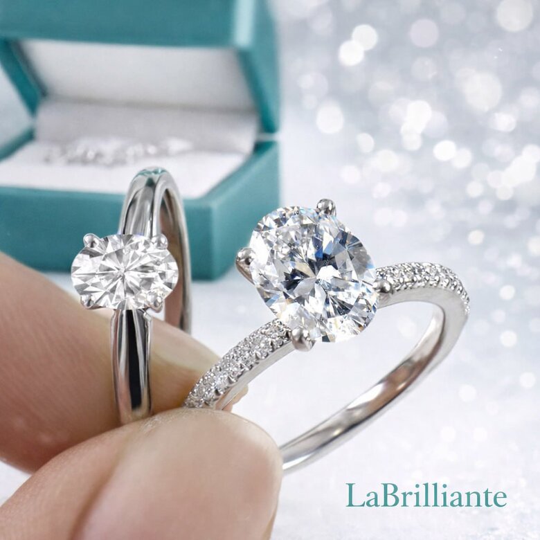 Four-panel comparison showing identical 2-carat oval in four different settings: classic solitaire, hidden halo, pavé band, and bezel - Eliminates setting confusion by showing exact visual impact of each style on the same diamond, accelerating decision-making