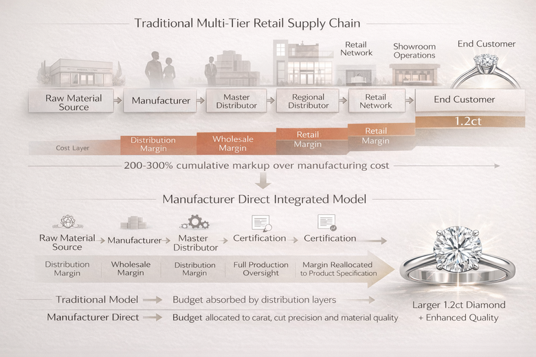 Manufacturing to Customer Journey - Traditional Retail vs Direct Manufacturing with Cost Breakdown at Each Stage - Visualizes exactly where savings come from and why direct pricing enables luxury access