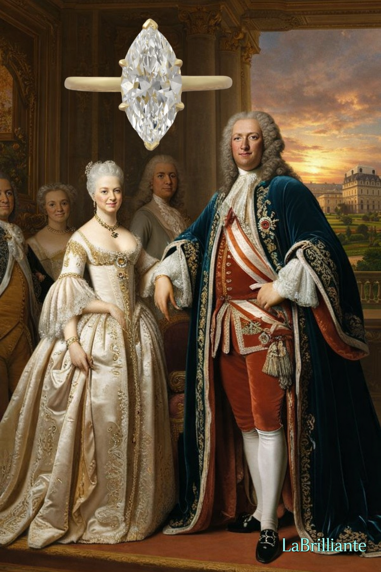 Selena Gomez-inspired marquise lab-grown diamond engagement ring on hand with yellow gold pavé band against romantic Valentine